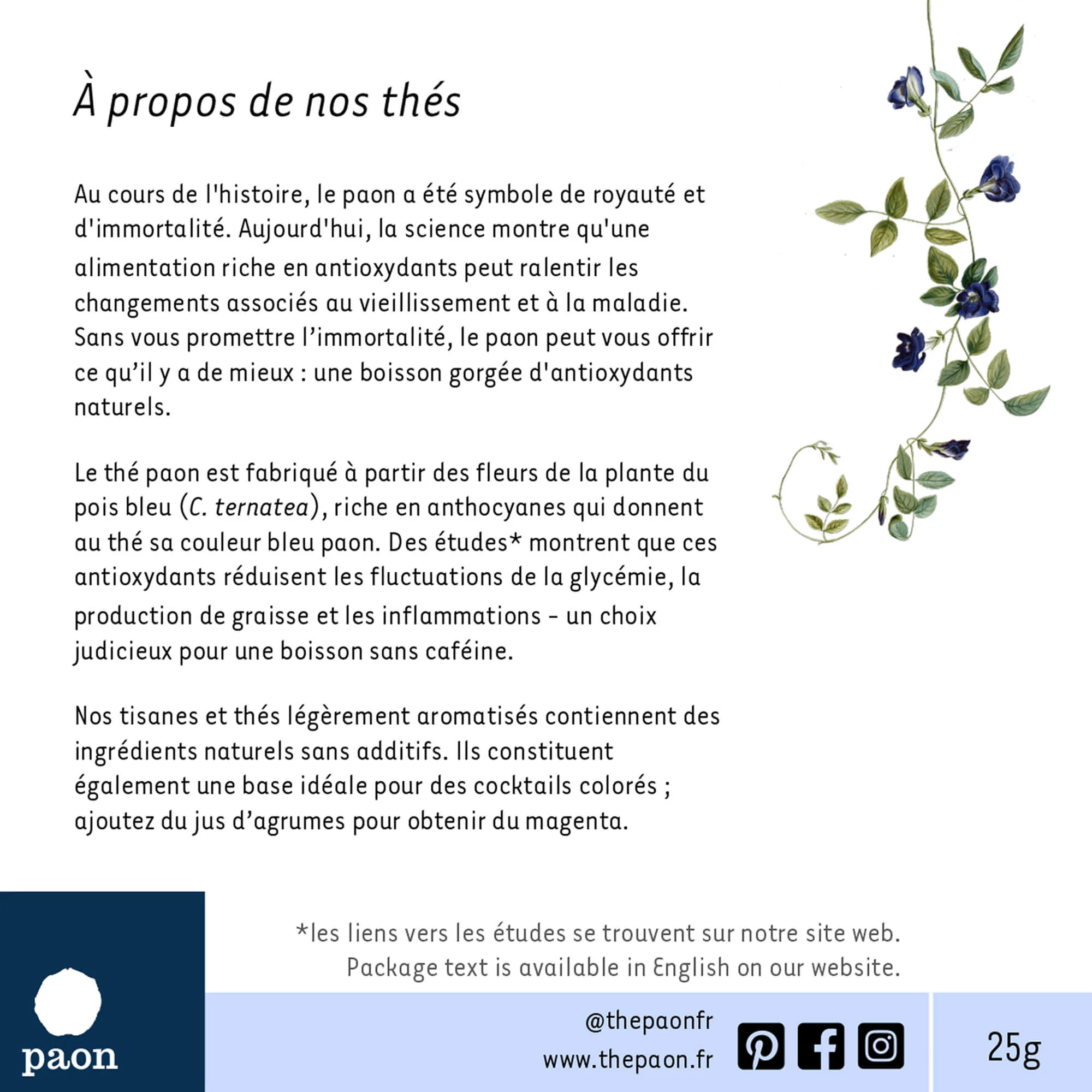 Back of packet text of Pois Bleu Pur in French