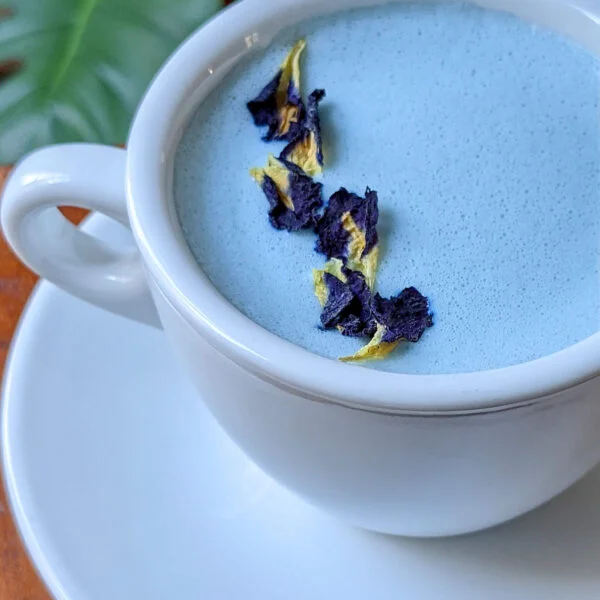 Cup of blue chai with butterfly pea garnish