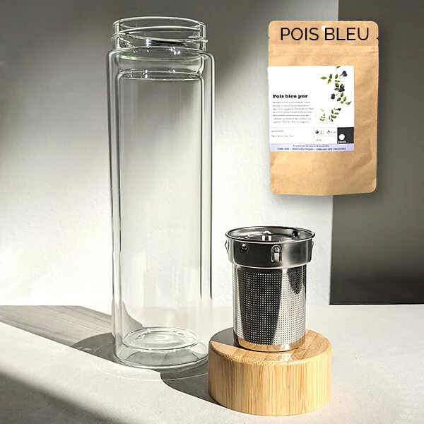 Glass infuser with one packet of the product Pure Butterfly Pea